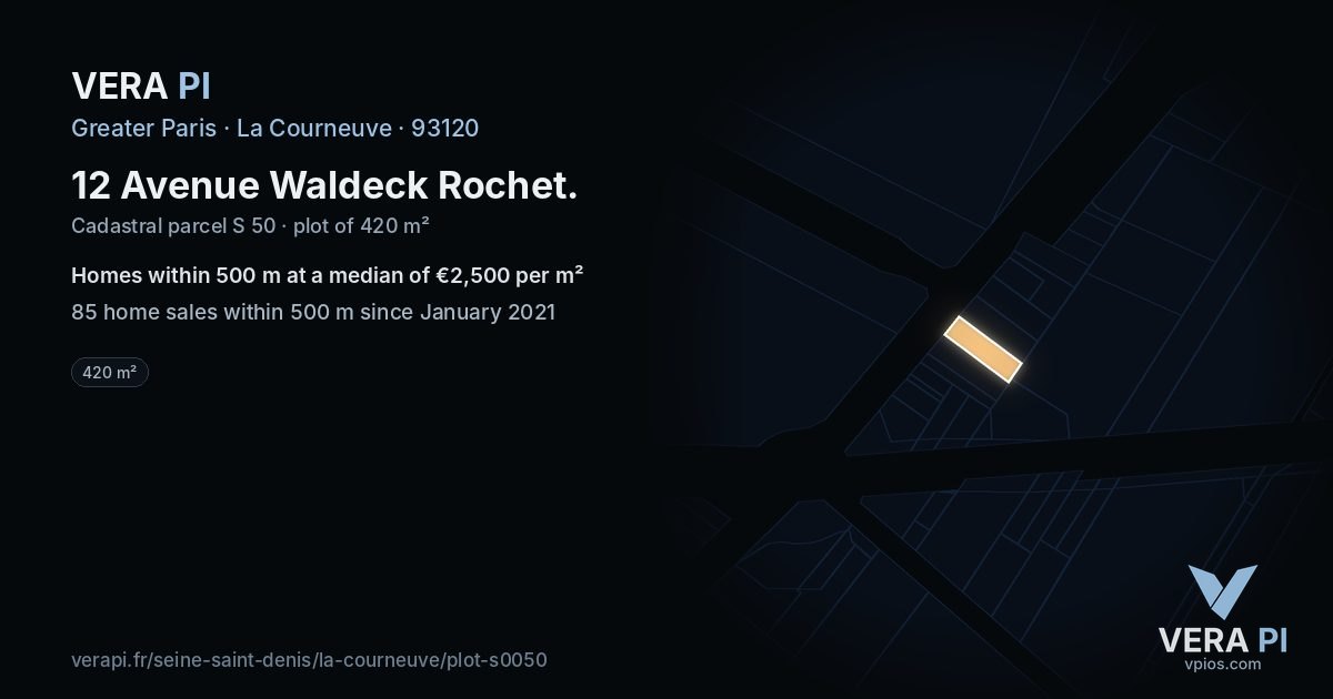 12 Avenue Waldeck Rochet, La Courneuve at night – the plot lit, the parcels around coloured by the prices near them