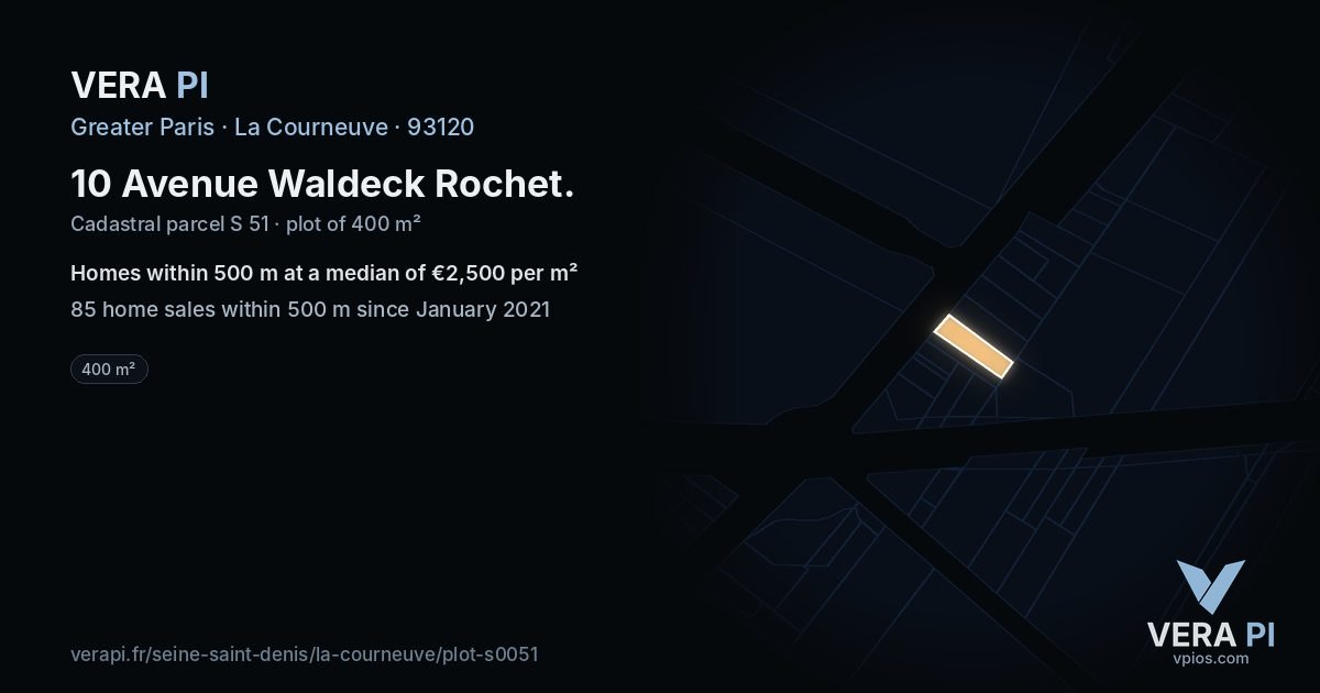 10 Avenue Waldeck Rochet, La Courneuve at night – the plot lit, the parcels around coloured by the prices near them