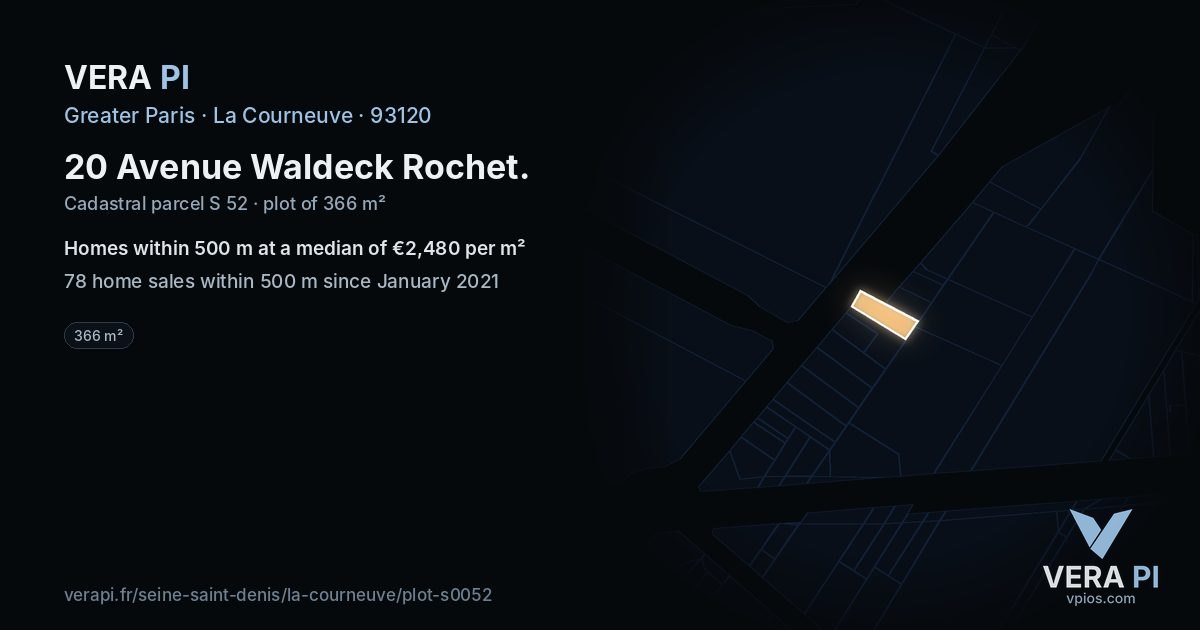 20 Avenue Waldeck Rochet, La Courneuve at night – the plot lit, the parcels around coloured by the prices near them