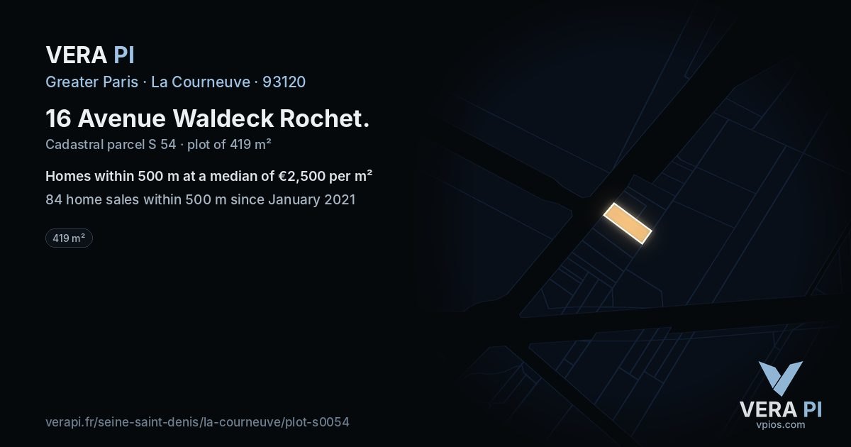 16 Avenue Waldeck Rochet, La Courneuve at night – the plot lit, the parcels around coloured by the prices near them