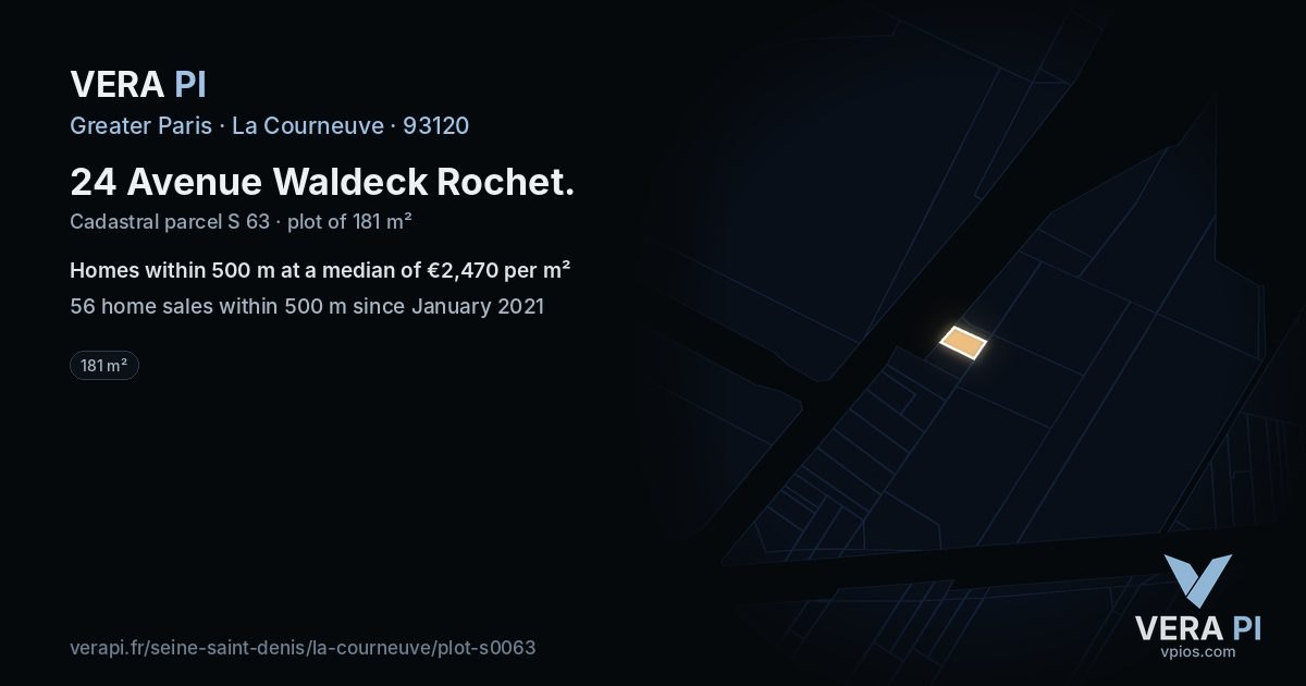 24 Avenue Waldeck Rochet, La Courneuve at night – the plot lit, the parcels around coloured by the prices near them