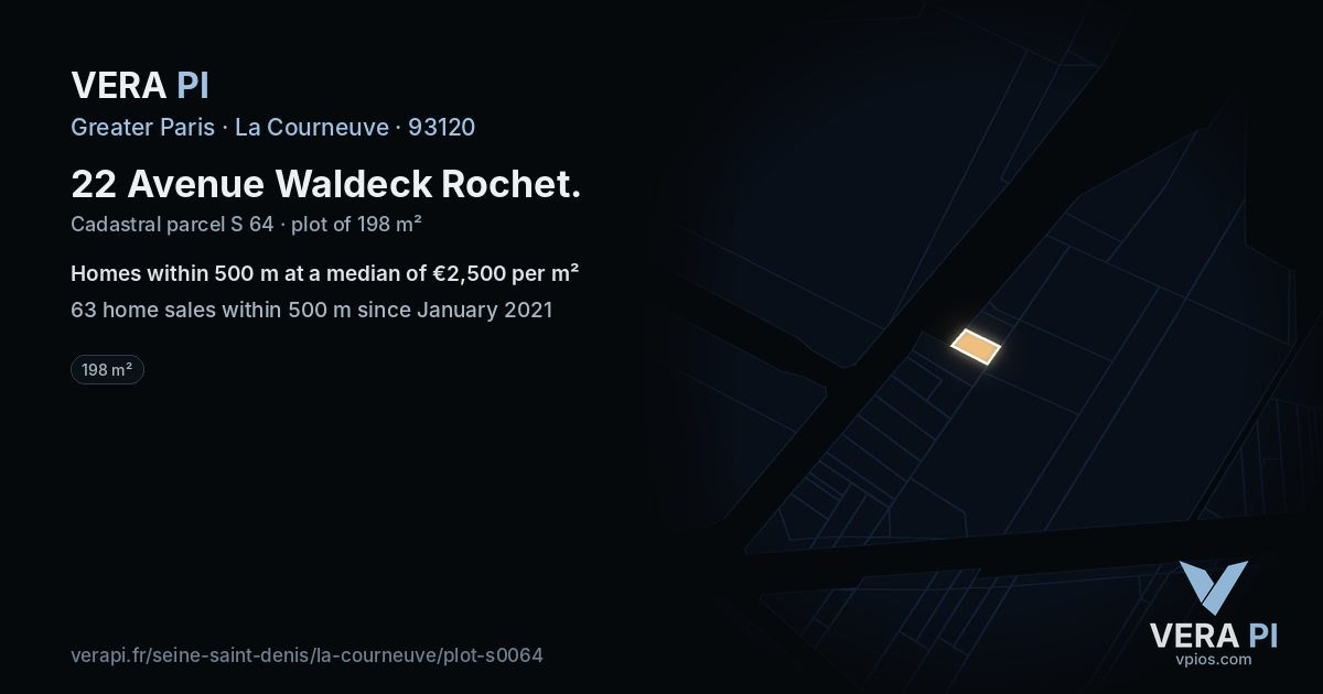 22 Avenue Waldeck Rochet, La Courneuve at night – the plot lit, the parcels around coloured by the prices near them