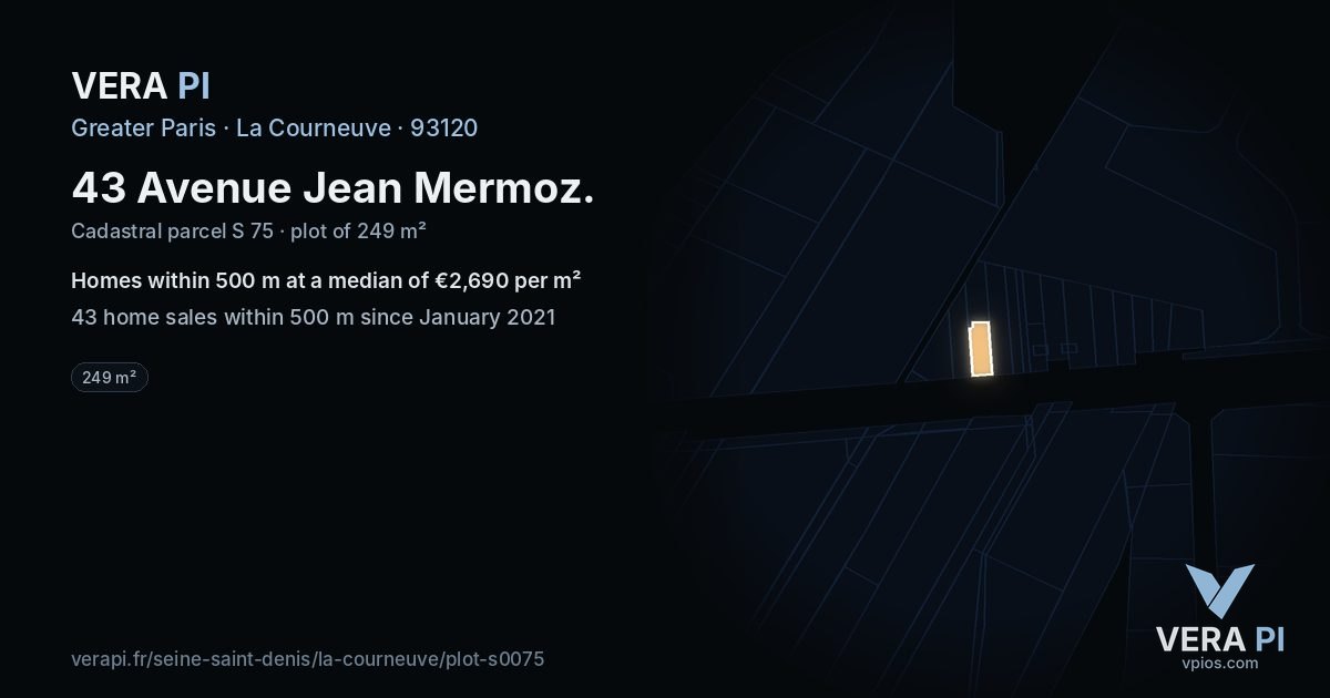 43 Avenue Jean Mermoz, La Courneuve at night – the plot lit, the parcels around coloured by the prices near them