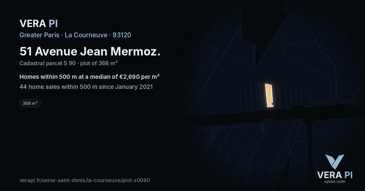 51 Avenue Jean Mermoz, La Courneuve at night – the plot lit, the parcels around coloured by the prices near them