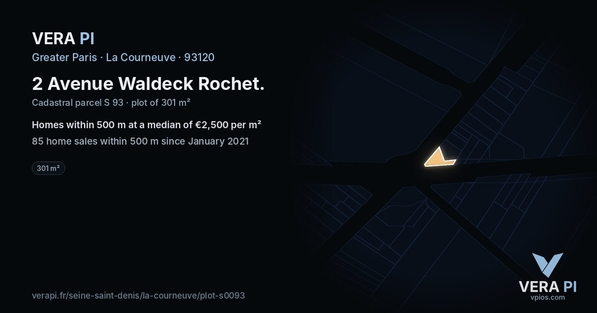 2 Avenue Waldeck Rochet, La Courneuve at night – the plot lit, the parcels around coloured by the prices near them