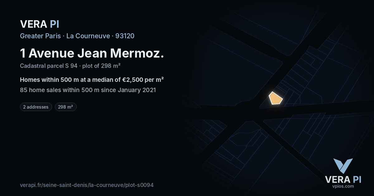 1 Avenue Jean Mermoz, La Courneuve at night – the plot lit, the parcels around coloured by the prices near them