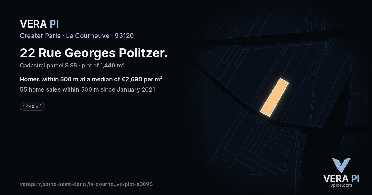 22 Rue Georges Politzer, La Courneuve at night – the plot lit, the parcels around coloured by the prices near them