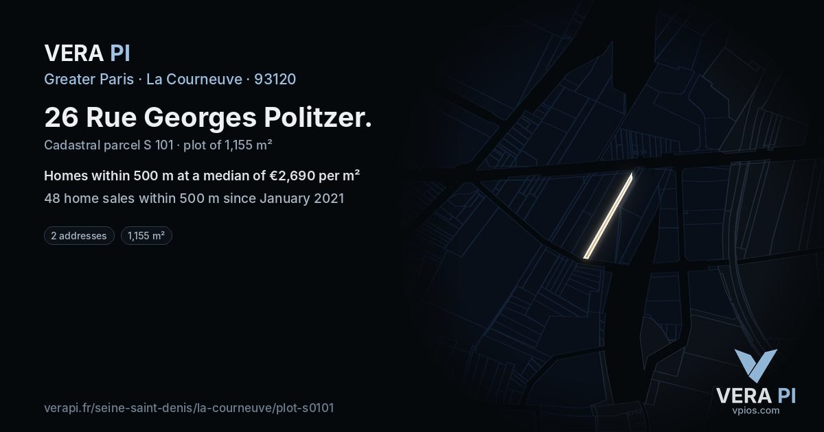 26 Rue Georges Politzer, La Courneuve at night – the plot lit, the parcels around coloured by the prices near them
