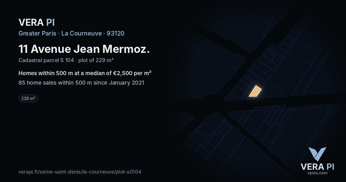 11 Avenue Jean Mermoz, La Courneuve at night – the plot lit, the parcels around coloured by the prices near them