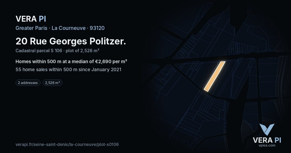 20 Rue Georges Politzer, La Courneuve at night – the plot lit, the parcels around coloured by the prices near them