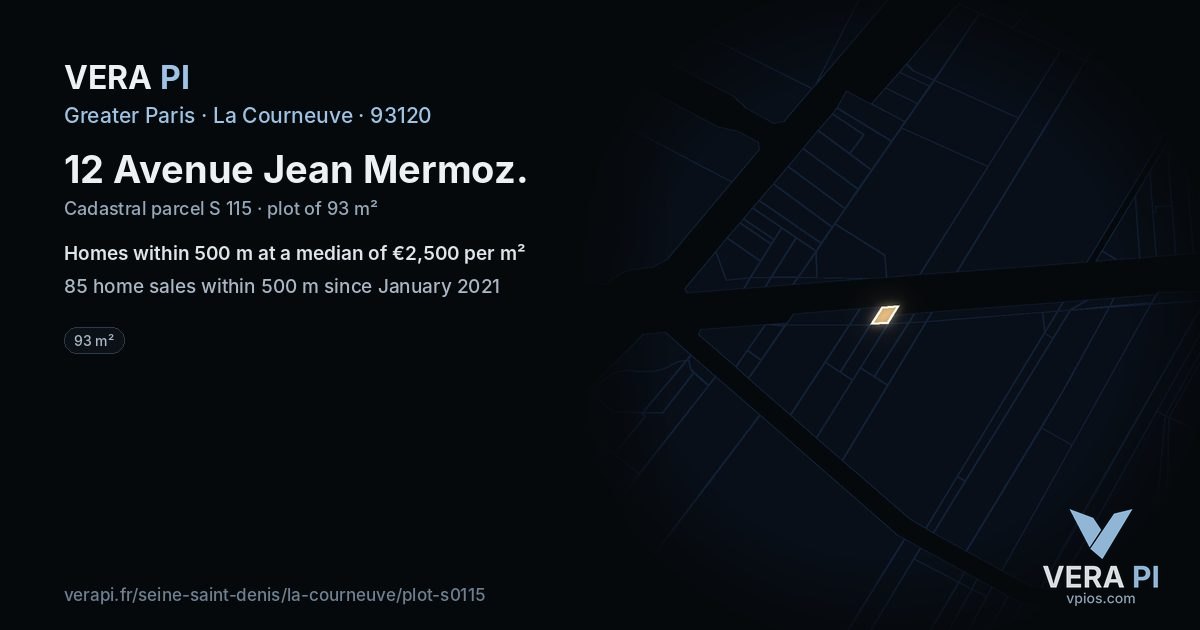 12 Avenue Jean Mermoz, La Courneuve at night – the plot lit, the parcels around coloured by the prices near them