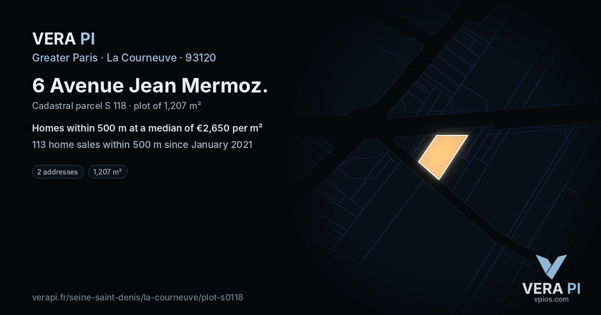 6 Avenue Jean Mermoz, La Courneuve at night – the plot lit, the parcels around coloured by the prices near them