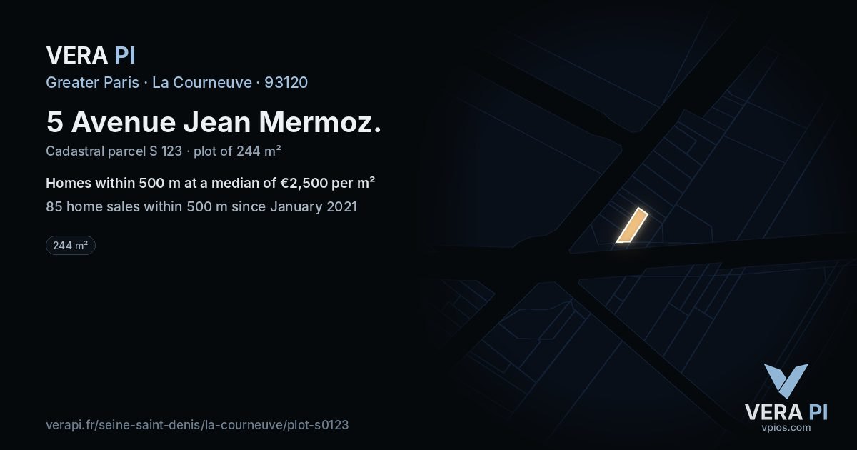 5 Avenue Jean Mermoz, La Courneuve at night – the plot lit, the parcels around coloured by the prices near them