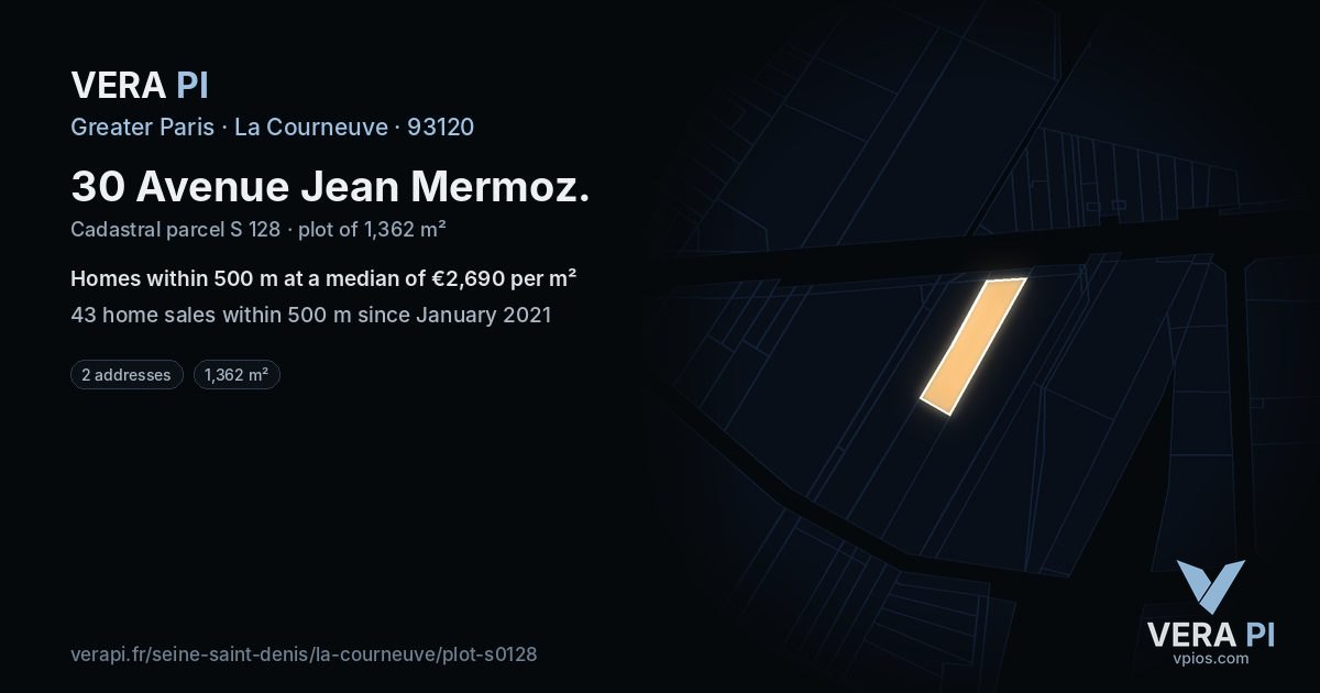 30 Avenue Jean Mermoz, La Courneuve at night – the plot lit, the parcels around coloured by the prices near them