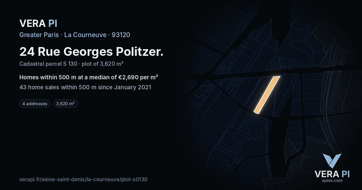 24 Rue Georges Politzer, La Courneuve at night – the plot lit, the parcels around coloured by the prices near them