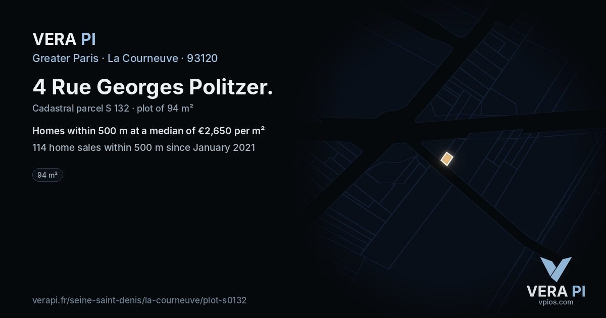 4 Rue Georges Politzer, La Courneuve at night – the plot lit, the parcels around coloured by the prices near them