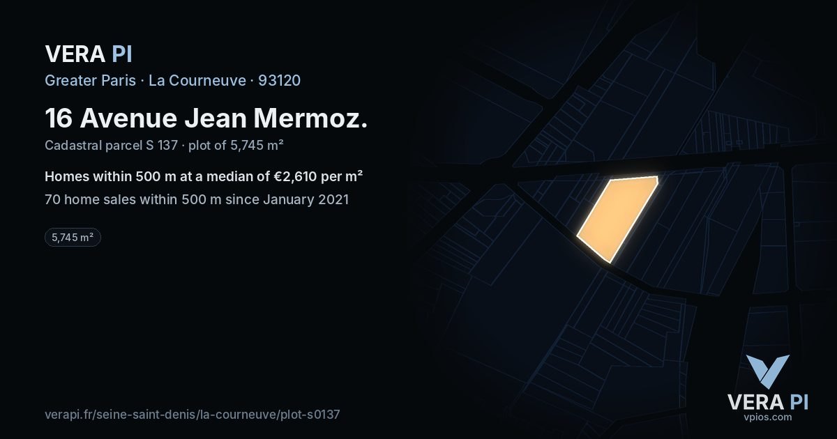 16 Avenue Jean Mermoz, La Courneuve at night – the plot lit, the parcels around coloured by the prices near them