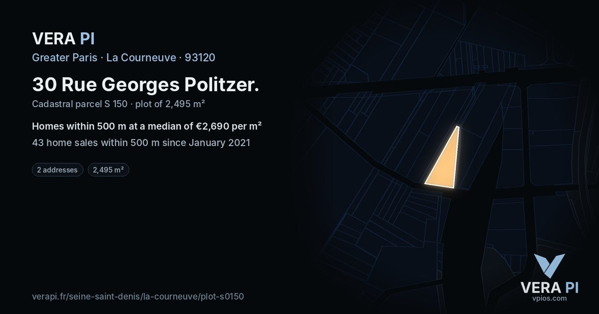 30 Rue Georges Politzer, La Courneuve at night – the plot lit, the parcels around coloured by the prices near them
