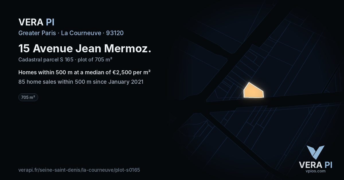 15 Avenue Jean Mermoz, La Courneuve at night – the plot lit, the parcels around coloured by the prices near them