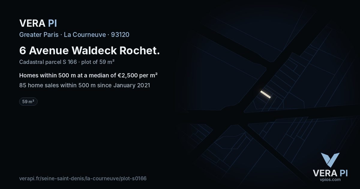 6 Avenue Waldeck Rochet, La Courneuve at night – the plot lit, the parcels around coloured by the prices near them