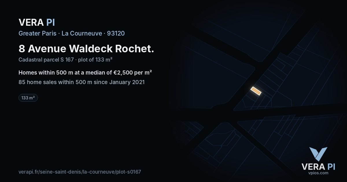 8 Avenue Waldeck Rochet, La Courneuve at night – the plot lit, the parcels around coloured by the prices near them