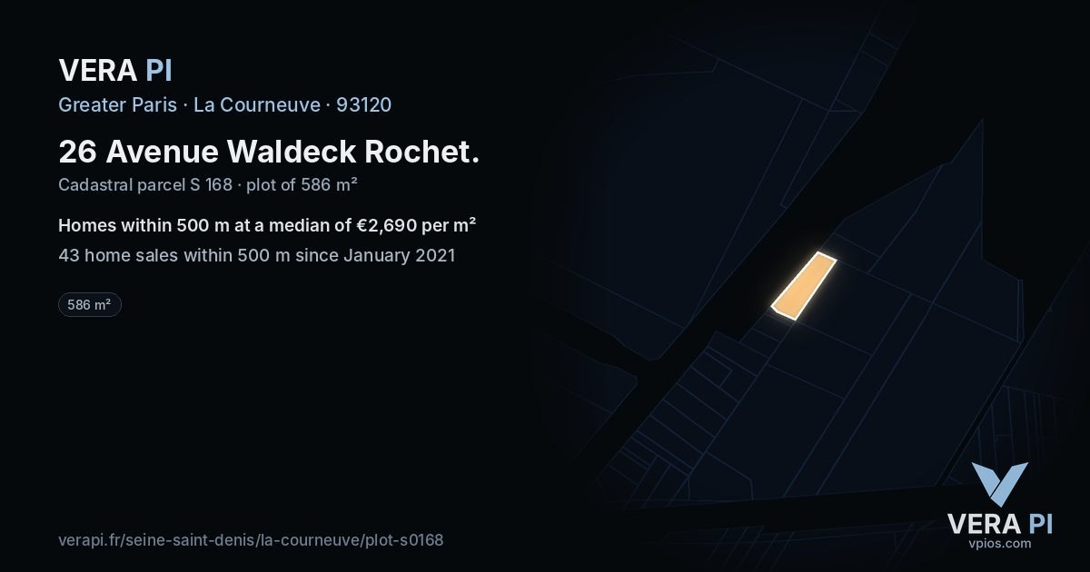 26 Avenue Waldeck Rochet, La Courneuve at night – the plot lit, the parcels around coloured by the prices near them