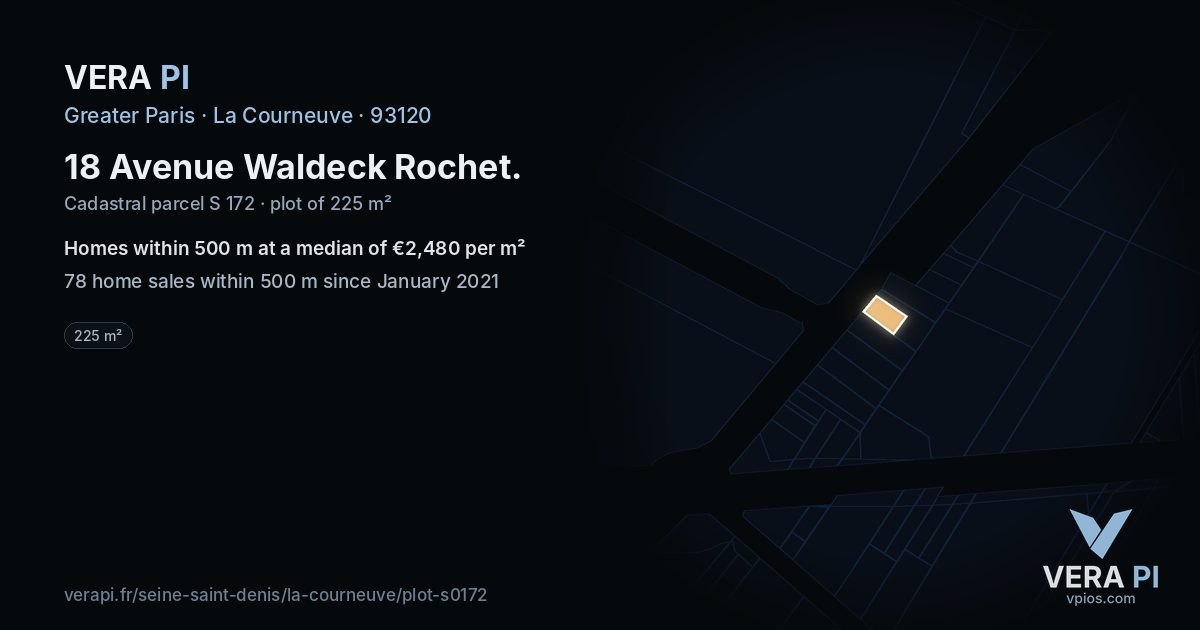 18 Avenue Waldeck Rochet, La Courneuve at night – the plot lit, the parcels around coloured by the prices near them
