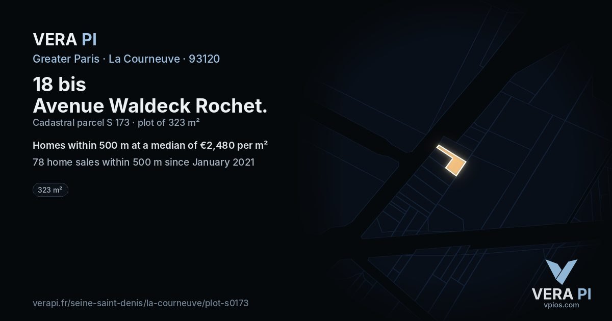 18 bis Avenue Waldeck Rochet, La Courneuve at night – the plot lit, the parcels around coloured by the prices near them