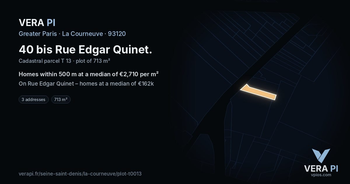 40 bis Rue Edgar Quinet, La Courneuve at night – the plot lit, the parcels around coloured by the prices near them