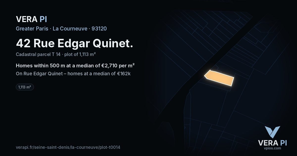 42 Rue Edgar Quinet, La Courneuve at night – the plot lit, the parcels around coloured by the prices near them