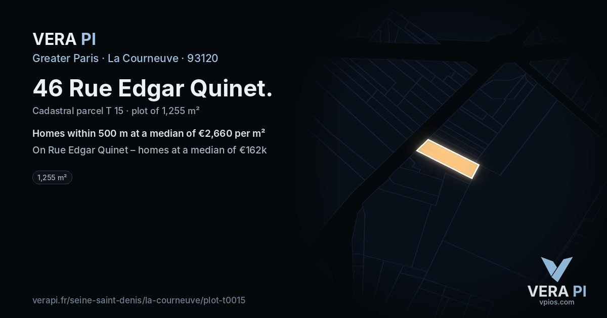 46 Rue Edgar Quinet, La Courneuve at night – the plot lit, the parcels around coloured by the prices near them