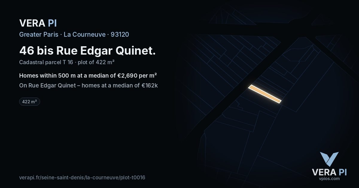 46 bis Rue Edgar Quinet, La Courneuve at night – the plot lit, the parcels around coloured by the prices near them