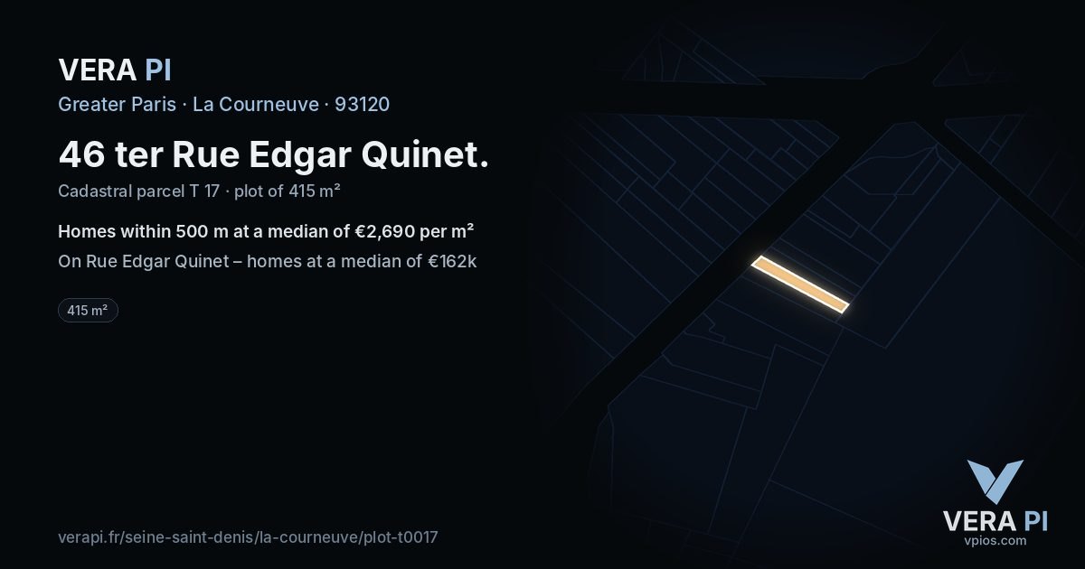 46 ter Rue Edgar Quinet, La Courneuve at night – the plot lit, the parcels around coloured by the prices near them