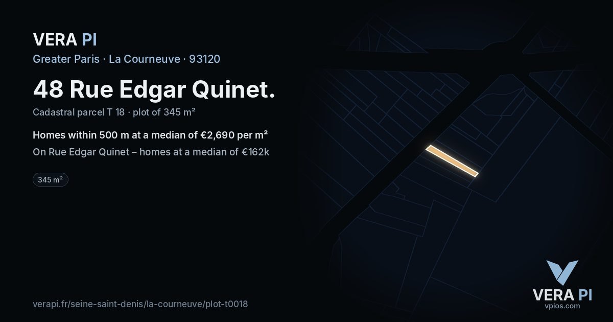 48 Rue Edgar Quinet, La Courneuve at night – the plot lit, the parcels around coloured by the prices near them