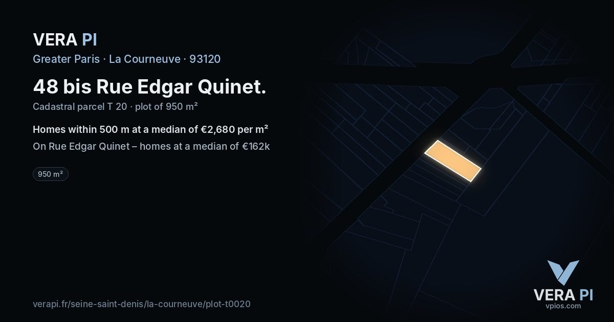 48 bis Rue Edgar Quinet, La Courneuve at night – the plot lit, the parcels around coloured by the prices near them