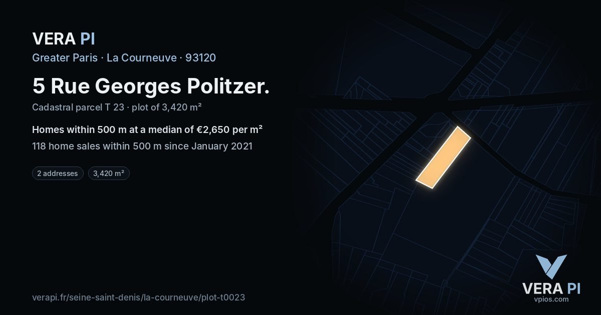 5 Rue Georges Politzer, La Courneuve at night – the plot lit, the parcels around coloured by the prices near them