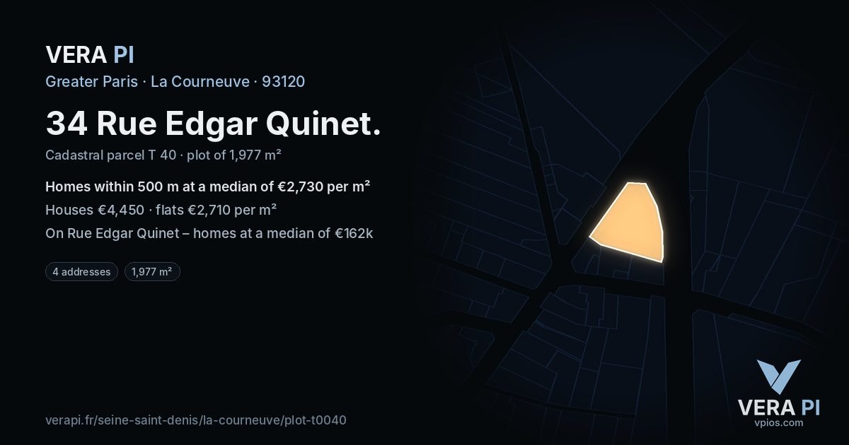 34 Rue Edgar Quinet, La Courneuve at night – the plot lit, the parcels around coloured by the prices near them