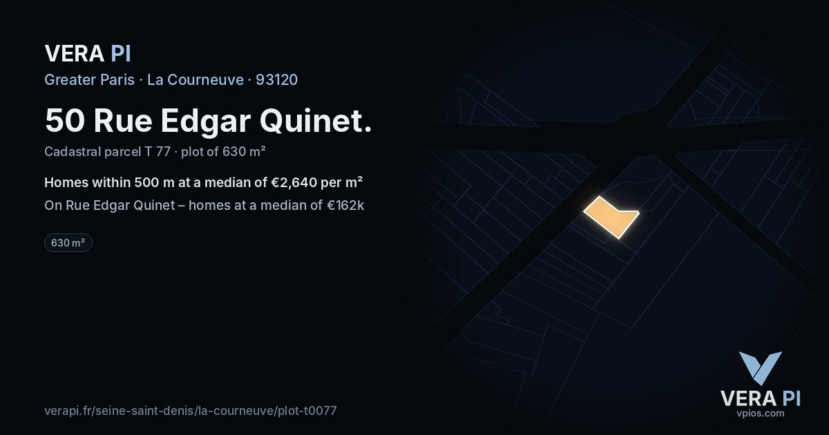 50 Rue Edgar Quinet, La Courneuve at night – the plot lit, the parcels around coloured by the prices near them