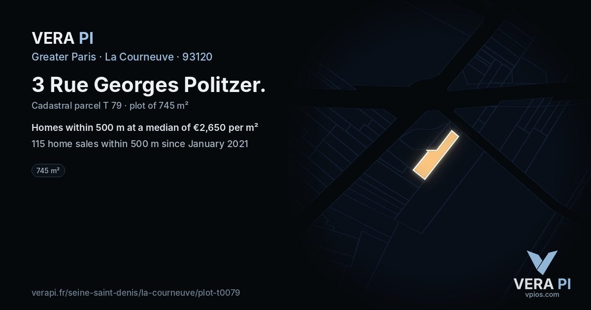 3 Rue Georges Politzer, La Courneuve at night – the plot lit, the parcels around coloured by the prices near them
