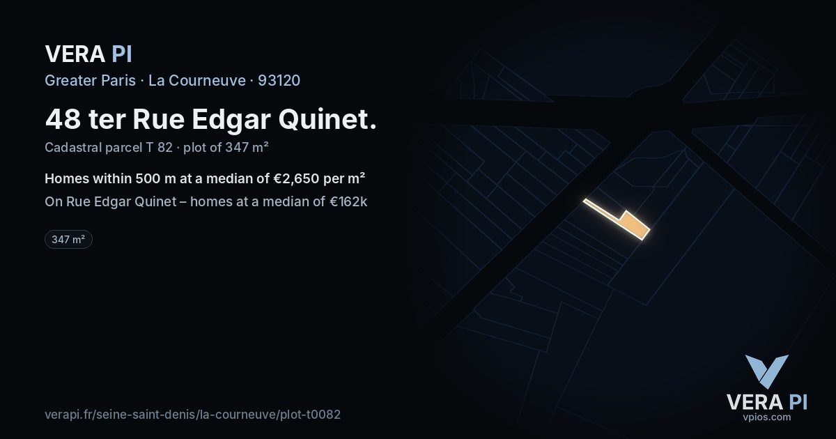 48 ter Rue Edgar Quinet, La Courneuve at night – the plot lit, the parcels around coloured by the prices near them