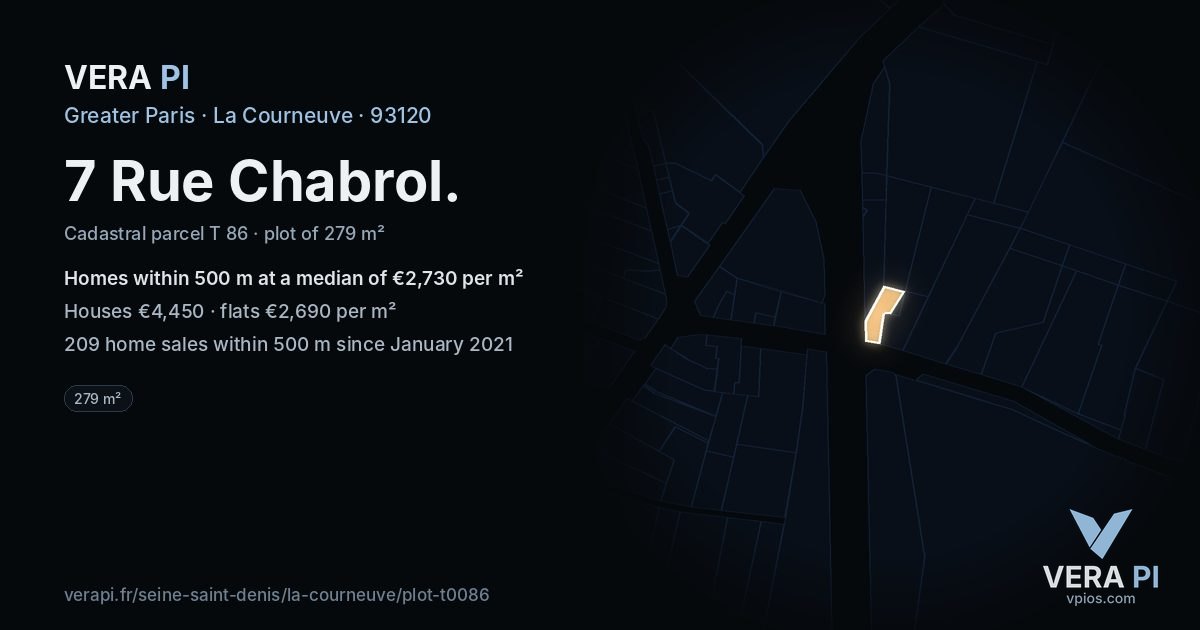 7 Rue Chabrol, La Courneuve at night – the plot lit, the parcels around coloured by the prices near them