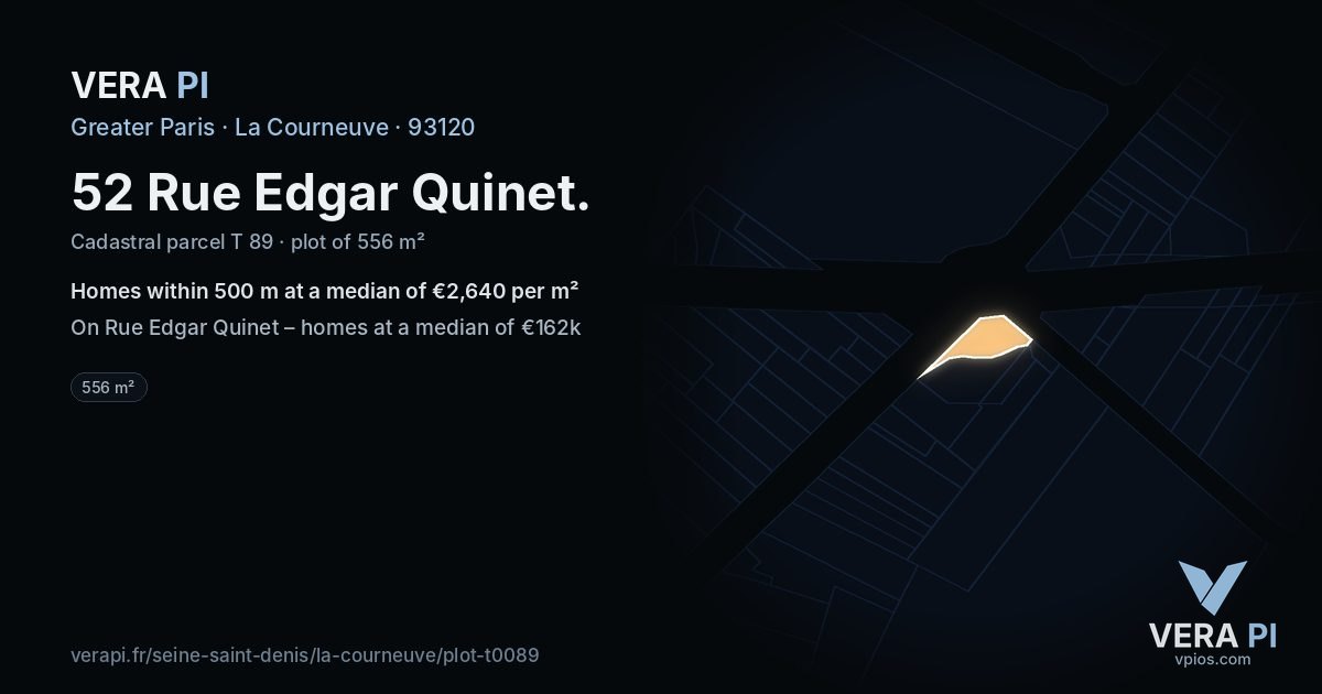 52 Rue Edgar Quinet, La Courneuve at night – the plot lit, the parcels around coloured by the prices near them
