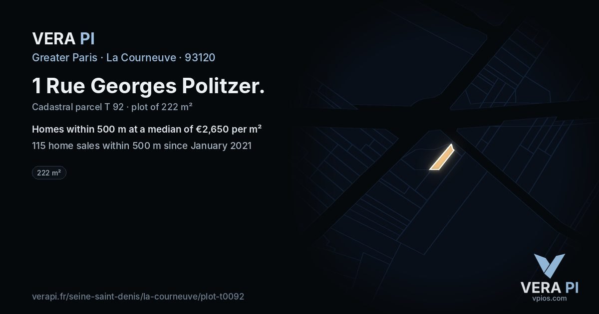 1 Rue Georges Politzer, La Courneuve at night – the plot lit, the parcels around coloured by the prices near them