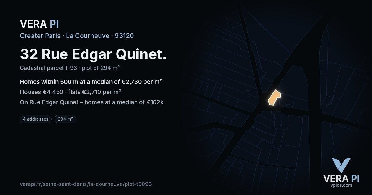32 Rue Edgar Quinet, La Courneuve at night – the plot lit, the parcels around coloured by the prices near them