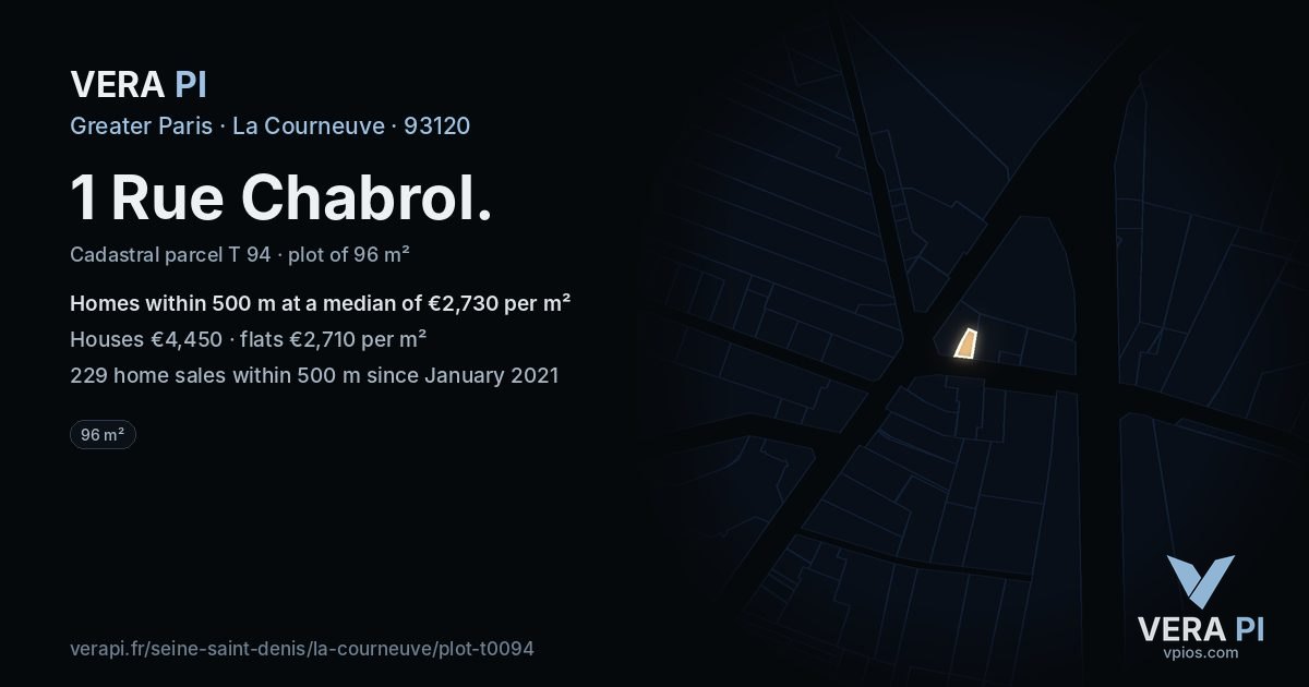 1 Rue Chabrol, La Courneuve at night – the plot lit, the parcels around coloured by the prices near them