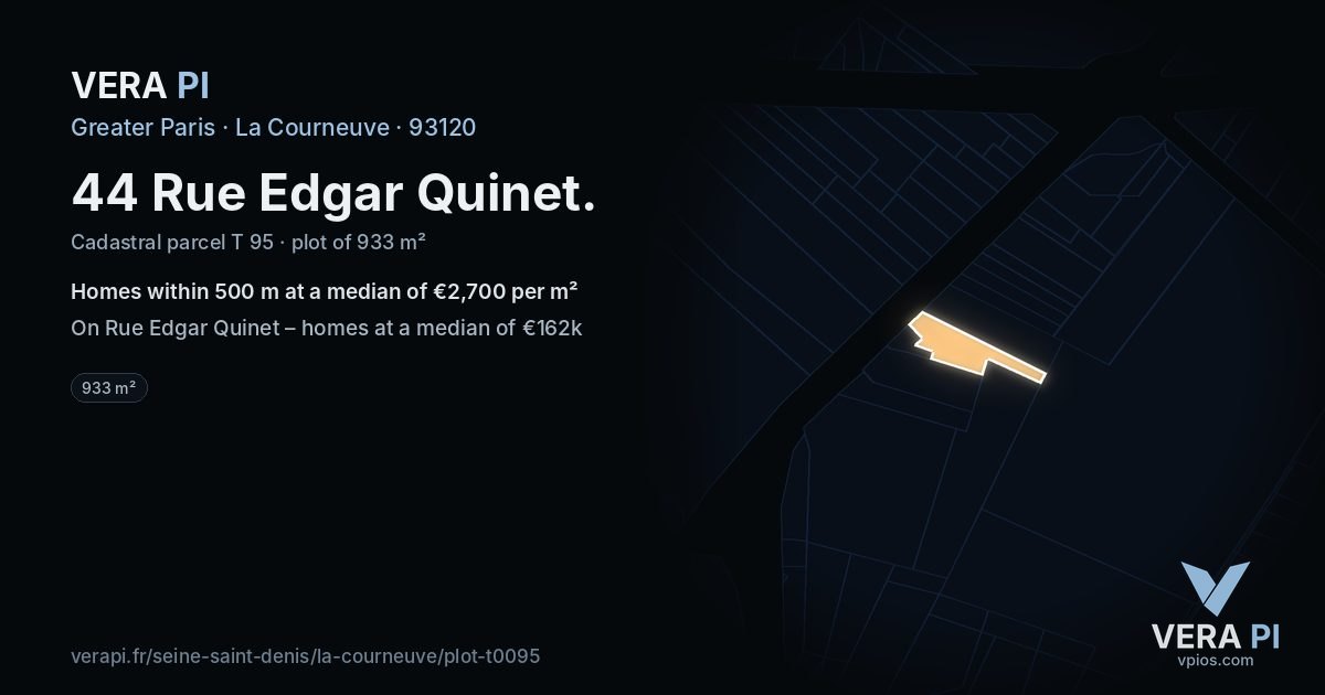 44 Rue Edgar Quinet, La Courneuve at night – the plot lit, the parcels around coloured by the prices near them