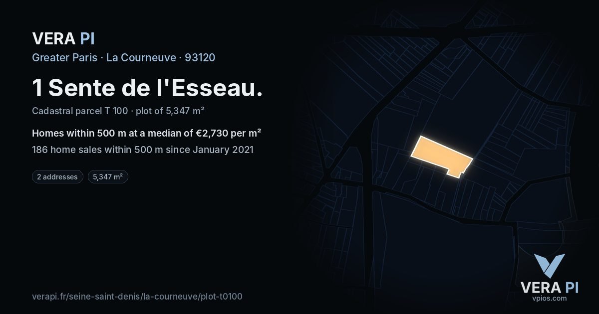 1 Sente de l'Esseau, La Courneuve at night – the plot lit, the parcels around coloured by the prices near them