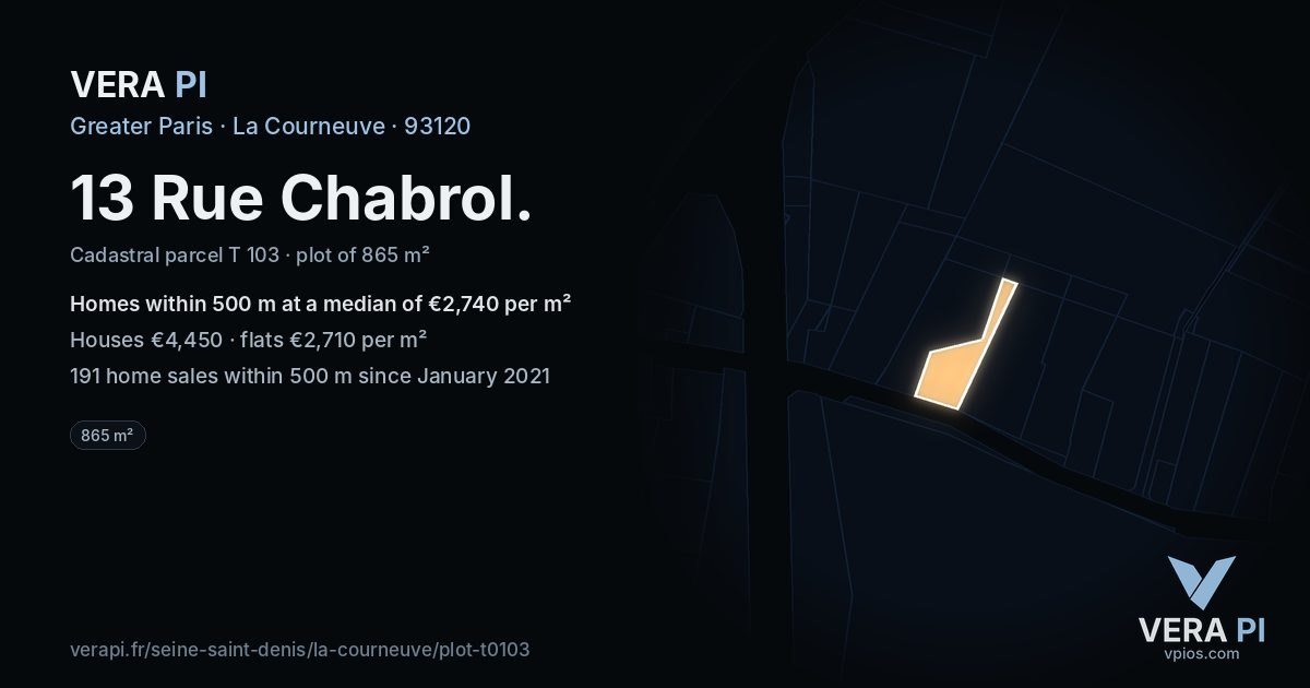 13 Rue Chabrol, La Courneuve at night – the plot lit, the parcels around coloured by the prices near them