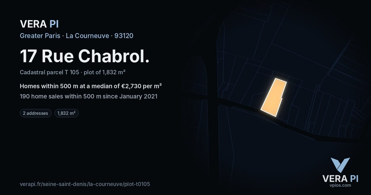 17 Rue Chabrol, La Courneuve at night – the plot lit, the parcels around coloured by the prices near them