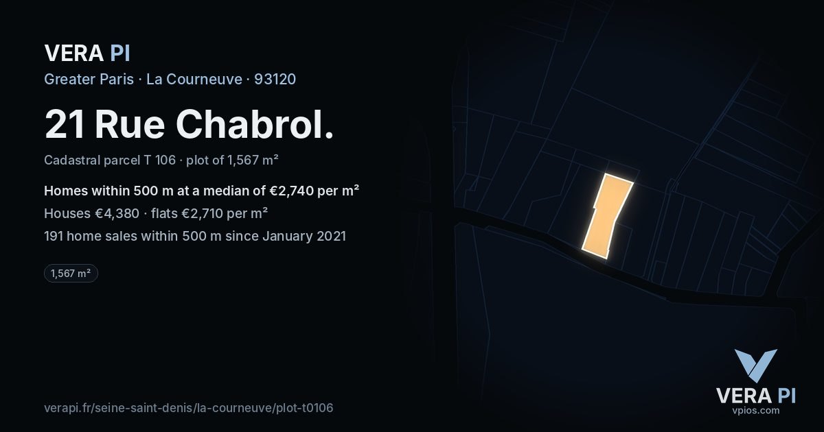 21 Rue Chabrol, La Courneuve at night – the plot lit, the parcels around coloured by the prices near them